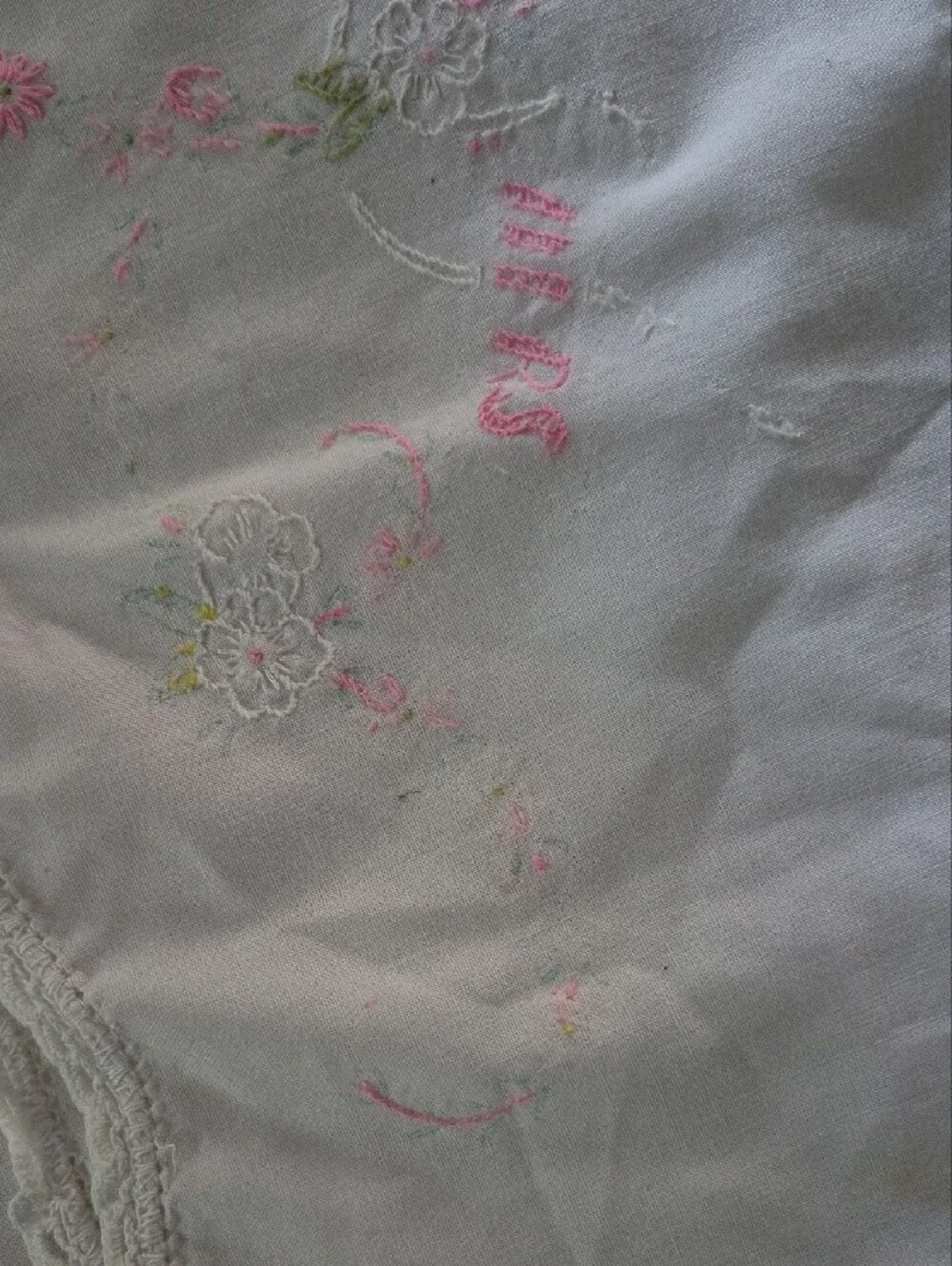 His & Hers White Pillowcase with Delicate Pink & Green Embroidery